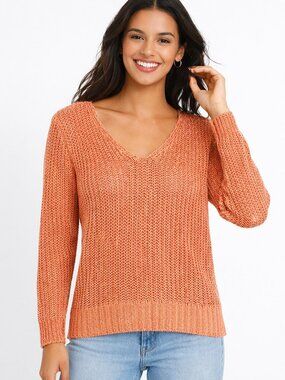 NWT LOFT Metallic Coral Pink Open Knit Sweater S Shimmer Pullover Coastal Boho